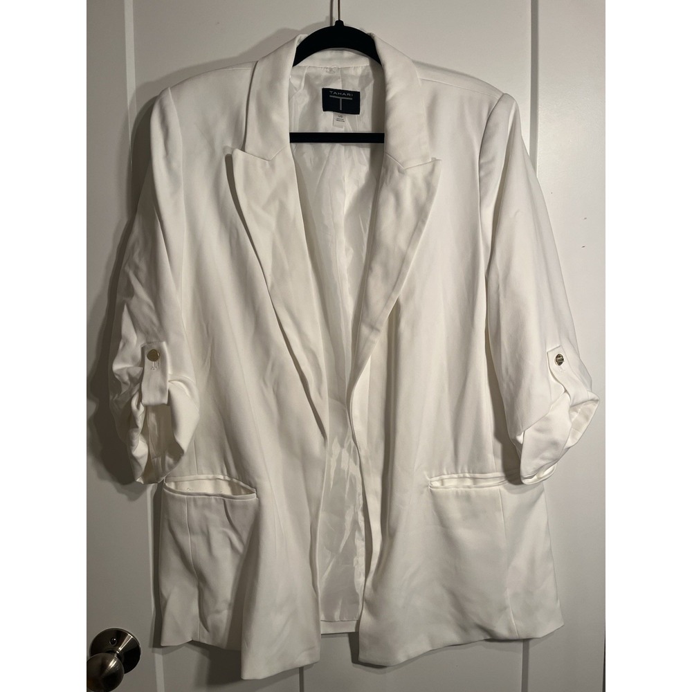 Tahari Women's Large White Open Front Longline Blazer Ruched 3/4 Sleeve